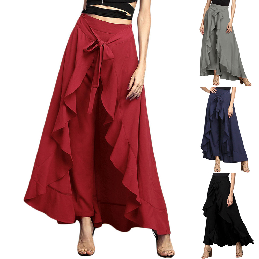 Compridas para Festa de Praia Venda Quente Feminino Sólida Plissado Irregular Cintura Alta Culottes Calças Cor 5 Toys & Sports
