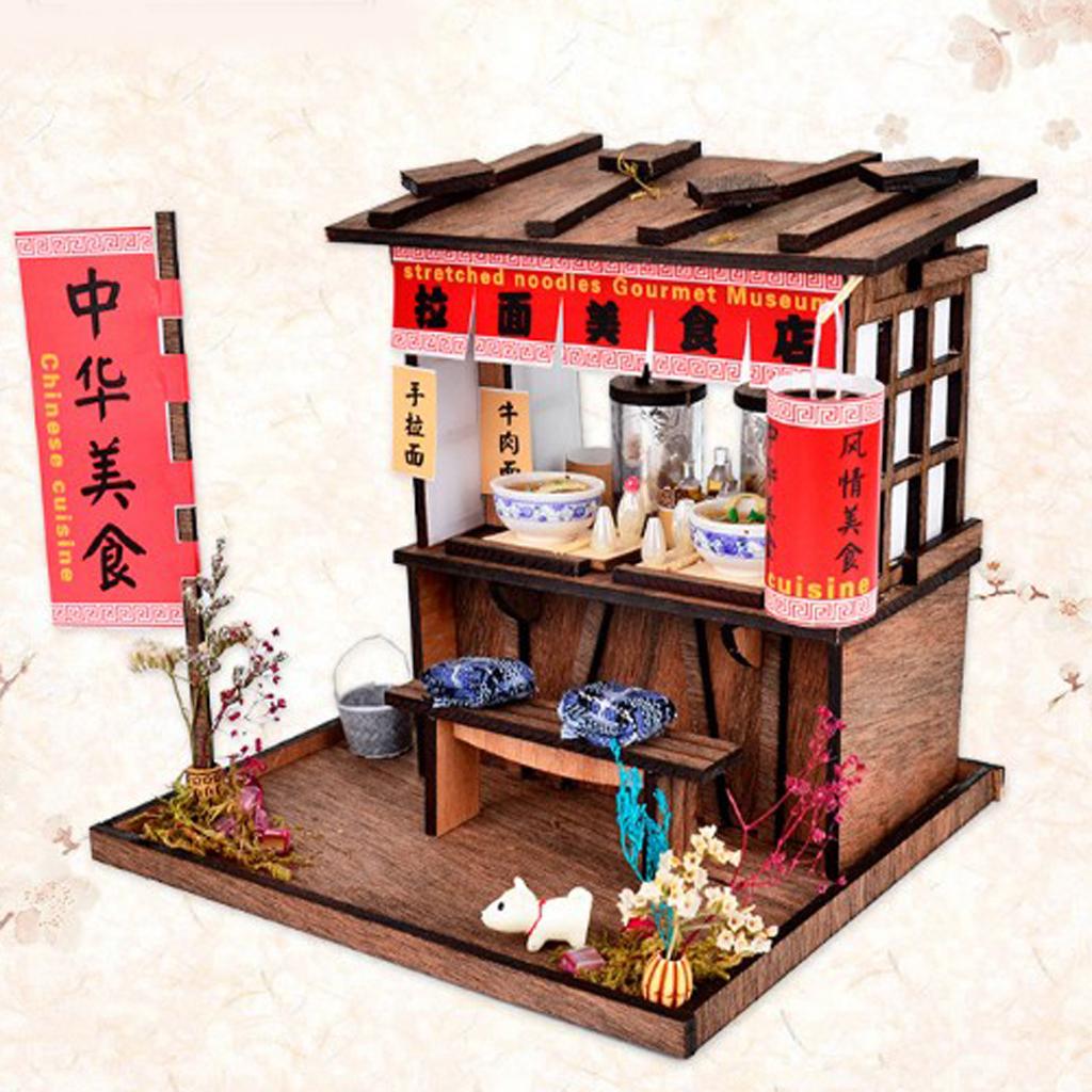 DIY Wooden Mini Dollhouse Noodle Shop Model with LED Lamp Children`