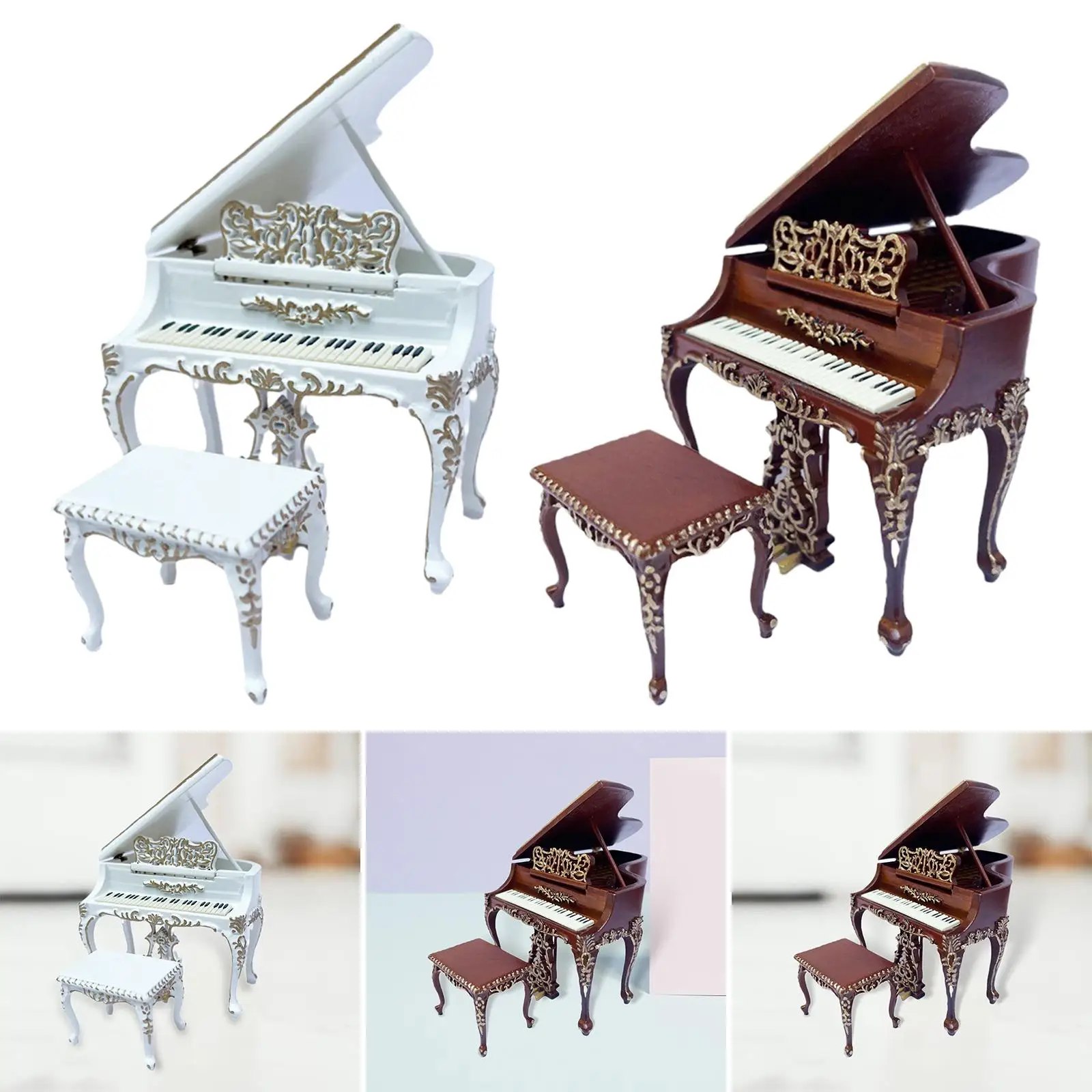 Miniature Piano Model with Stool Dollhouse Decor Mini House Scene Furniture Miniature Piano with Chair for Living Room Decor