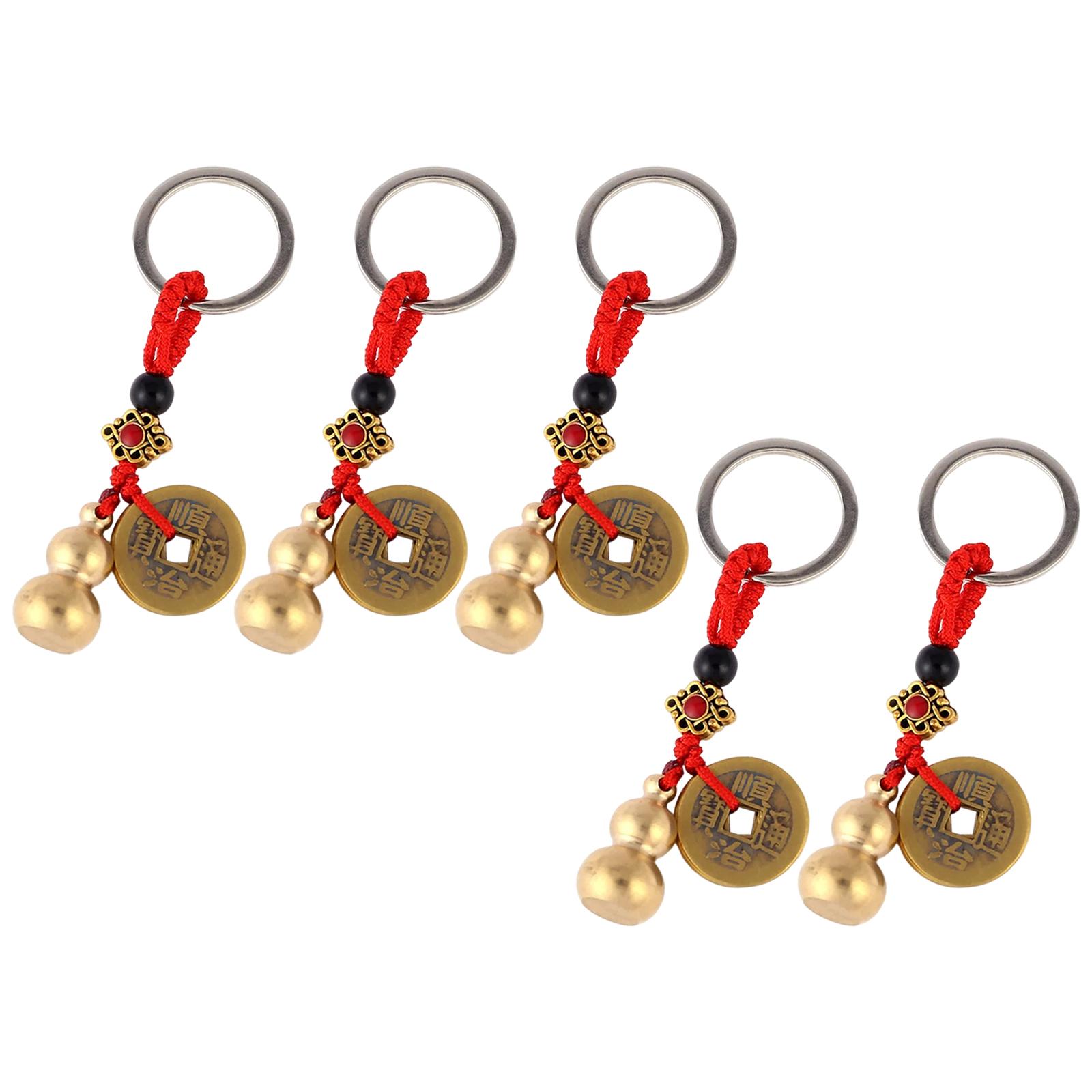 Ancient Vintage Brass Money Bag Keychain Gourd Feng Shui Coins Wealth Lucky Copper for Car Key Ring Bedroom Money Bag Pendant