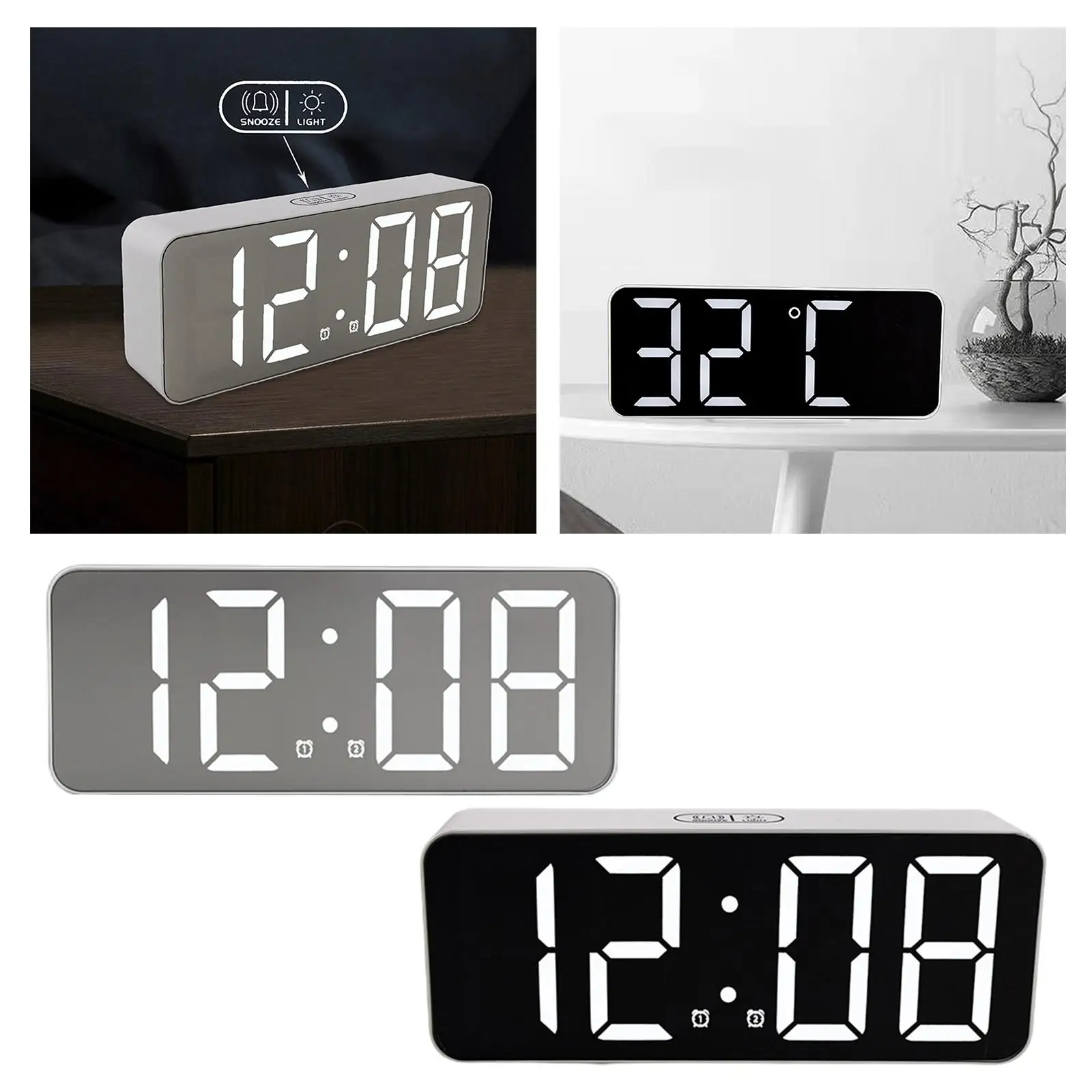 Electronic Desk Alarm Clock LED Digital Clock Mirrored for Home Office Teens