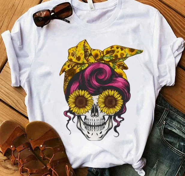 T-shirt Short Sleeve T-shirts Printing Vintage Style American Flag Bow Knot Skull display picture 3