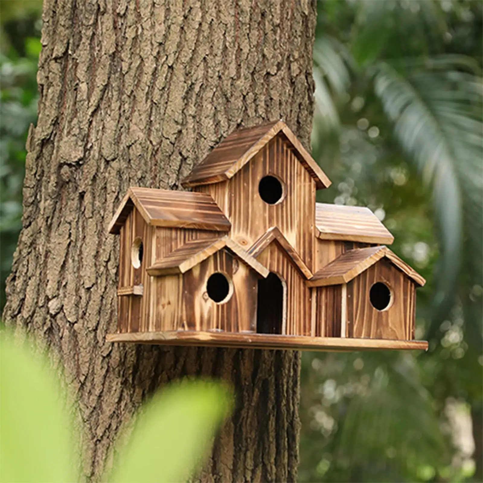 Wooden Bird House Hummingbird nest Hut Natural Large 6 Hole Hanging Bird Cage for Outside Window Courtyard