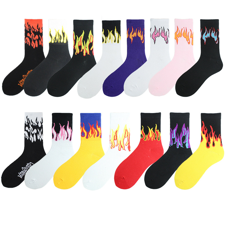 Description Picture 5 of item1 pair women Fashion Hip Hop Hit Color On Fire Crew Socks Red Flame Blaze Power Torch Hot Warmth Street Skateboard Socks