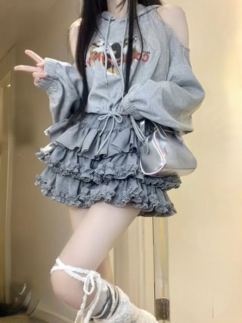 2023 Autumn Kawaii Clothing Japanese Style Fashion 2 Piece Skirt Set Print  Casual Hooded Tops + Slim Sexy Mini Cake Skirt Woman