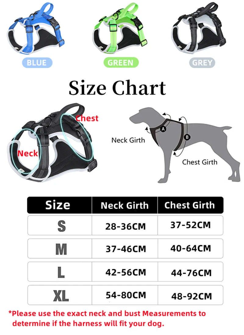 Una tabla de tallas para un arnés para perros. Hay cuatro opciones de colores diferentes para el arnés: azul, verde, gris y negro. Cada color tiene cuatro tamaños: S (pequeño), M (mediano), L (grande) y XL (extra grande).