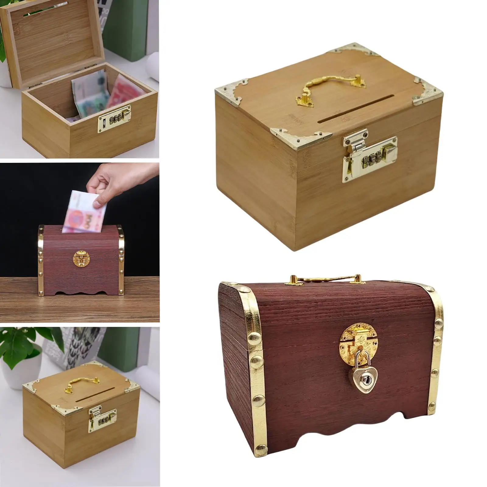 Vintage Wooden Piggy Bank with Lockable Lid Coin Box Jewelry Box Free Standing Treasure Chest for Card Coin Gifts for Kids Adult