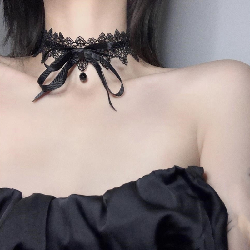 652F Schwarz Spitze Bowknot Halsband Halskette Süße Kragen Halskette Frauen Schlüsselbein Kette – Detail 7