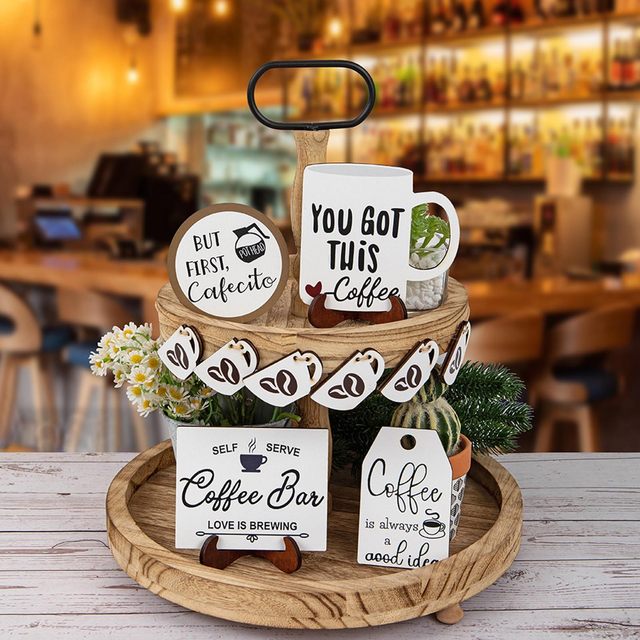 Coffee Bar Decoration Logo Farmhouse Layered Tray Decoration Coffee Wood  Logo Mini Coffee Cup Wood Pearl Book Party Decorations - AliExpress