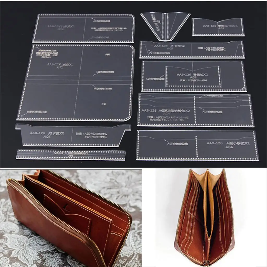 10Pcs Clear Acrylic Wallet Template Hand Craft Set for DIY Leather Wallet,