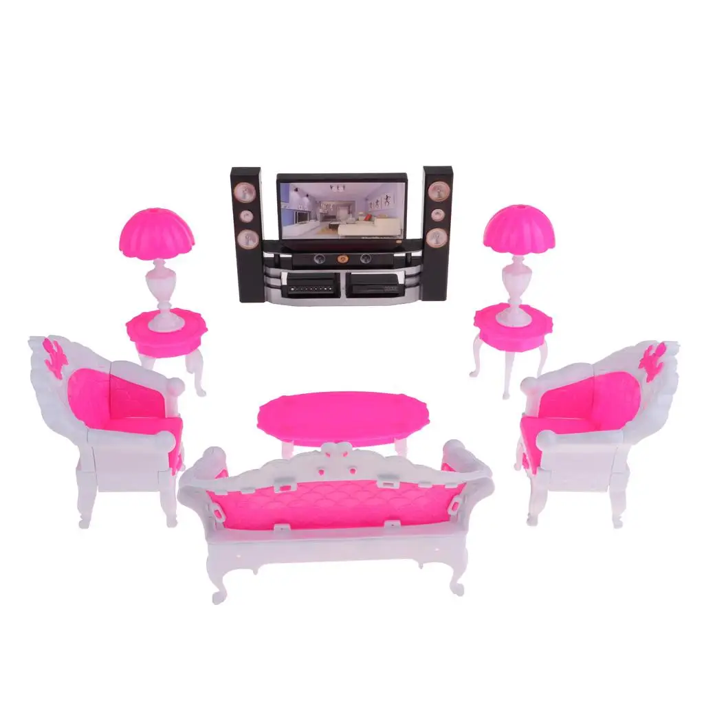 7PCS Dollhouse Miniature Furniture Set End Table Sofa Table Lamp TV