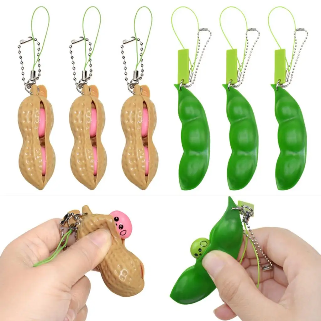 6pcs Peanut Edamame Toys Pea Pod Keychain Fidget Squeeze Decompression Squishy Antistress Figet Popper Toys