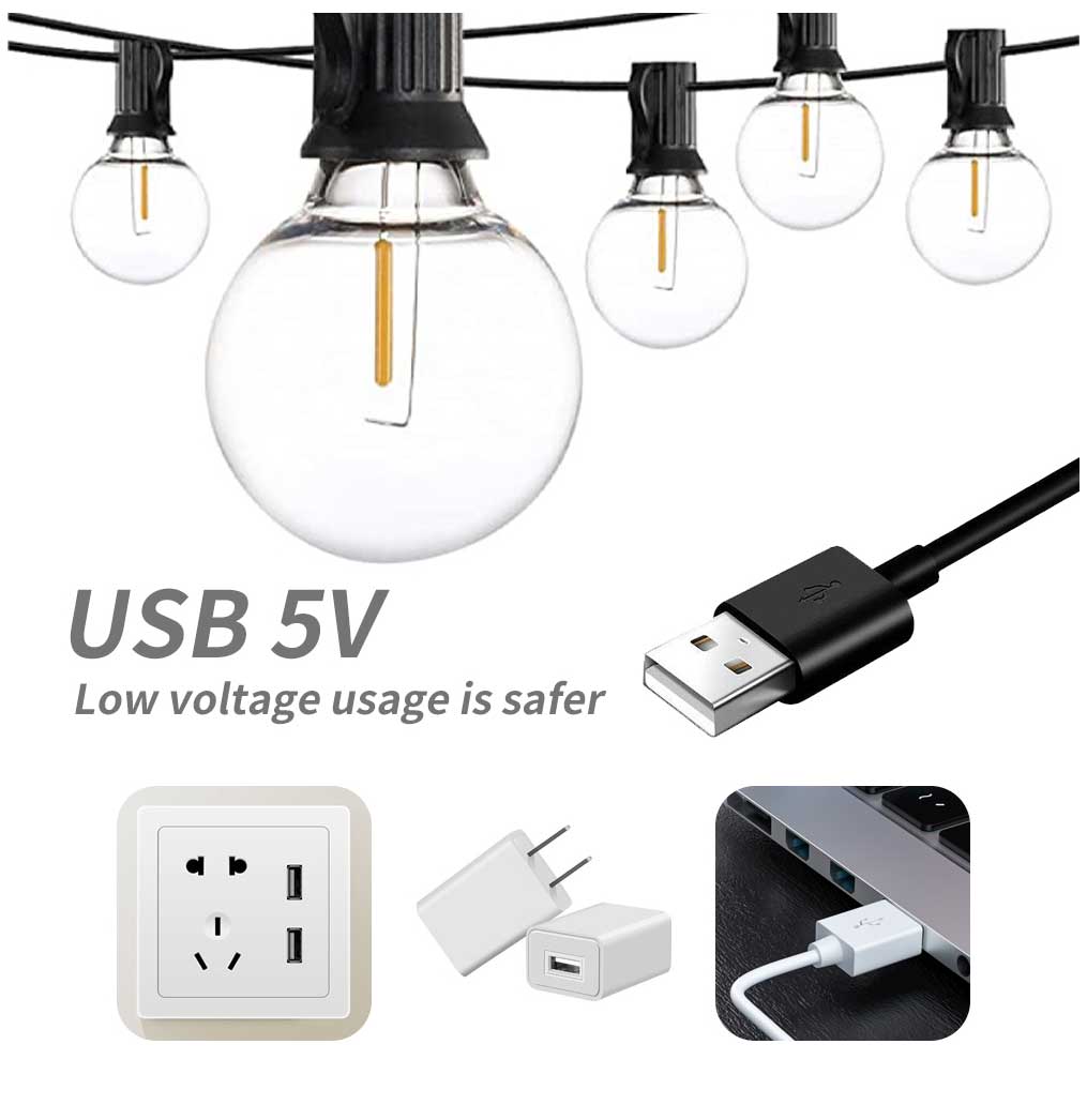 100/50/25ft USB LED Lights 5V 1W G40 Plastic Bulb Outdoor Waterproof Tent Fairy Patio Festoon String Light Wedding Decor