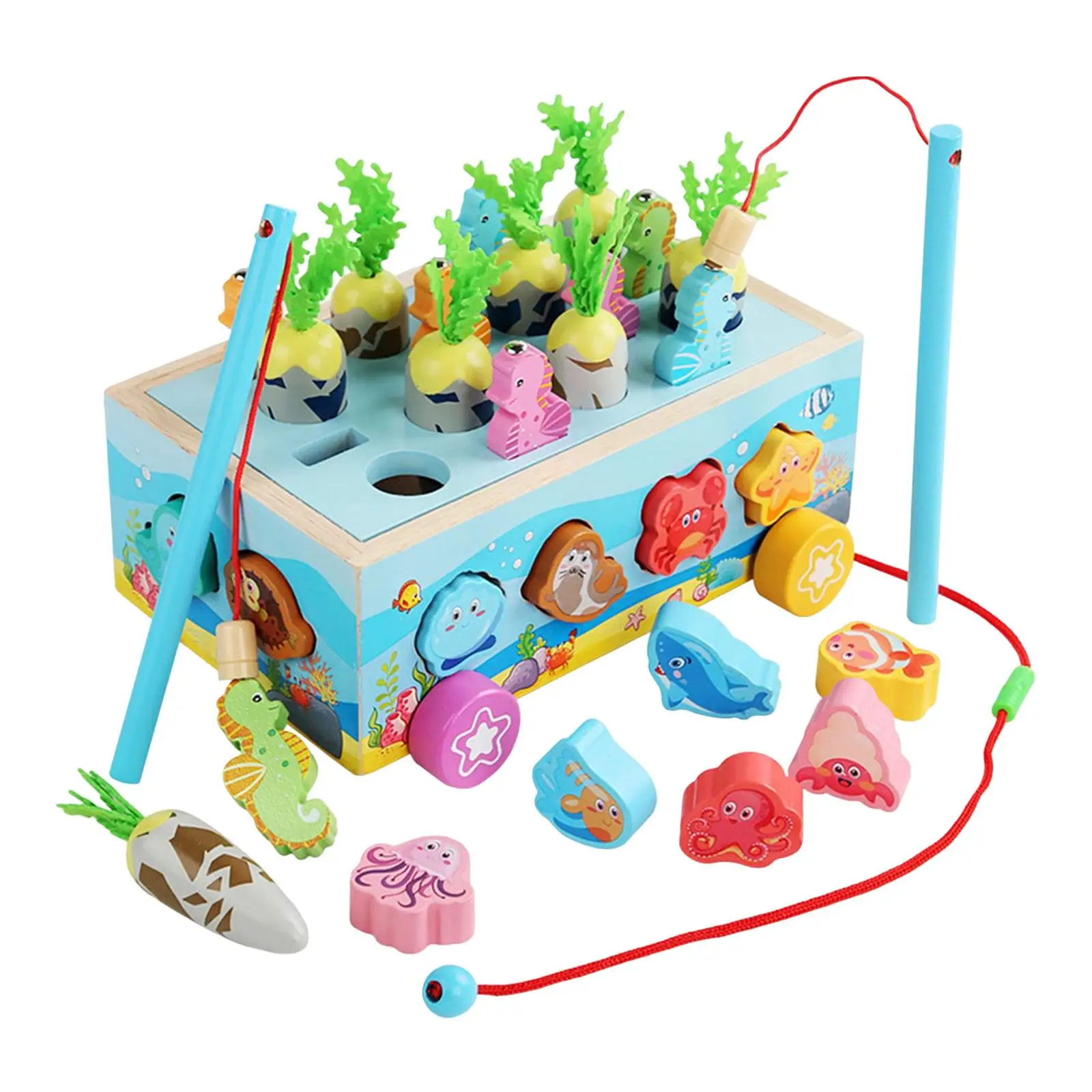 Montessori Wooden Shape Sorter Toys Preschool Learning Toys Fishing Game Car with Animal Blocks for Toddler Kids Birthday Gift