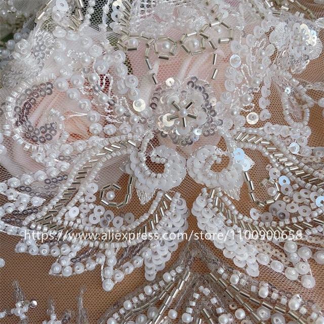 Designer Handmade wedding lace fabric Silver outlet Beaded lace fabric Embroidery tulle with sequins, beads Luxury fabric lace for bridal gowns