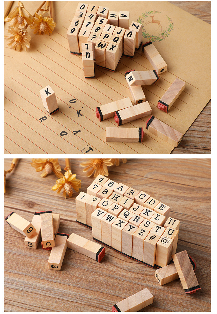 Grundlegendes Tagebuch-Set, Schreibmaschinen-Zahlen- und Buchstabensiegel, DIY-Tagebuch, Holzsiegel, 40-teiliges sortiertes Stempelset – Detail 6