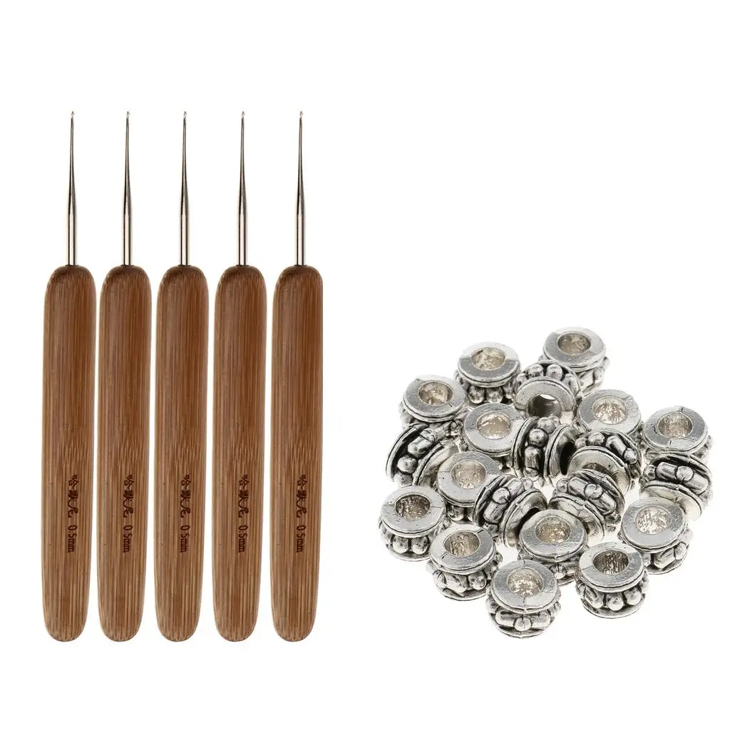 5Pcs Bamboo Hair Weaving Crochet  Hooks  Tool Set 0.5 Lot 20pcs  Beads Braiding Clips Jewelry Decor