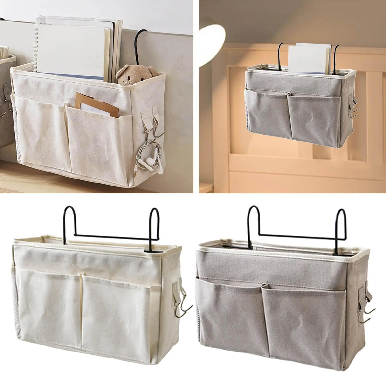 Bedside Caddy with 2 Hooks Hanging Organizer for Dorms TV Remote Control Magazine Bedside Handrail Pockets Baby Crib Bag