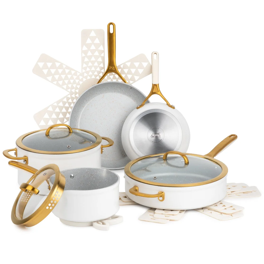 Kitchen Accessories Table Nonstick Cookware, 12-Piece Set, Cream Cookware Sets Pots And Pans Cookware Set
