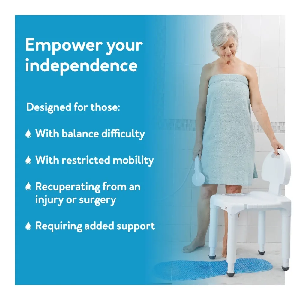 An elderly woman is standing on a Bath Chair with slip-resistant grip, empowering her independence.