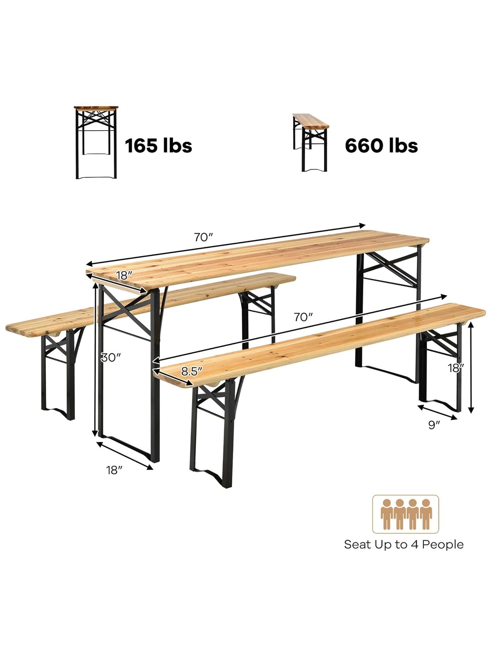 Title 3, Ensemble de Table et banc pliants en bois, 3 pi...