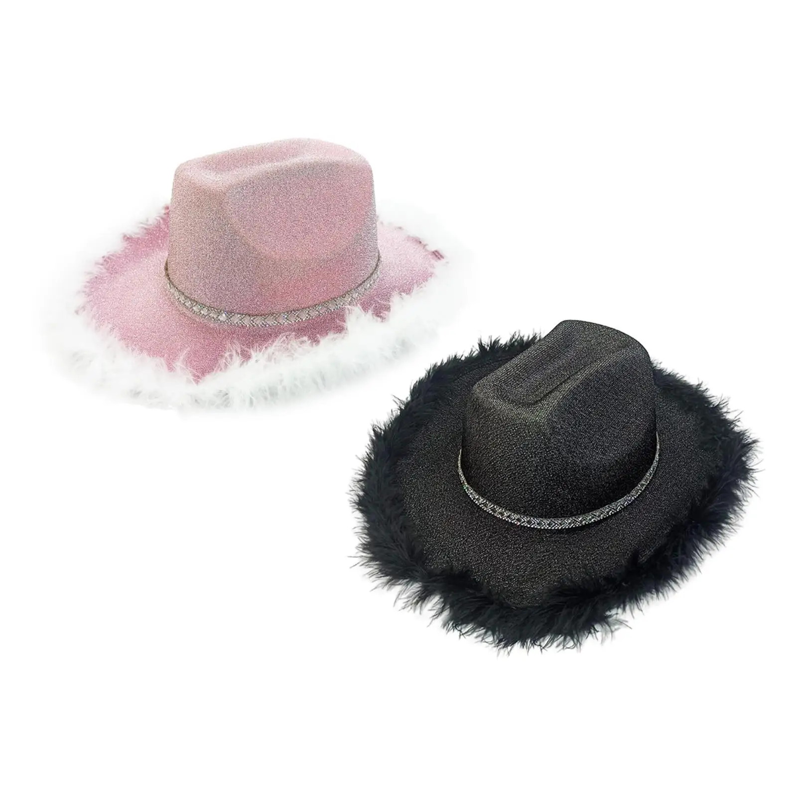 Novelty Cowboy Hat Costume Fancy Dress Wide Brim Cosplay Shiny Cowgirl Hat with Artificial Feather Trim for Parties Women Men