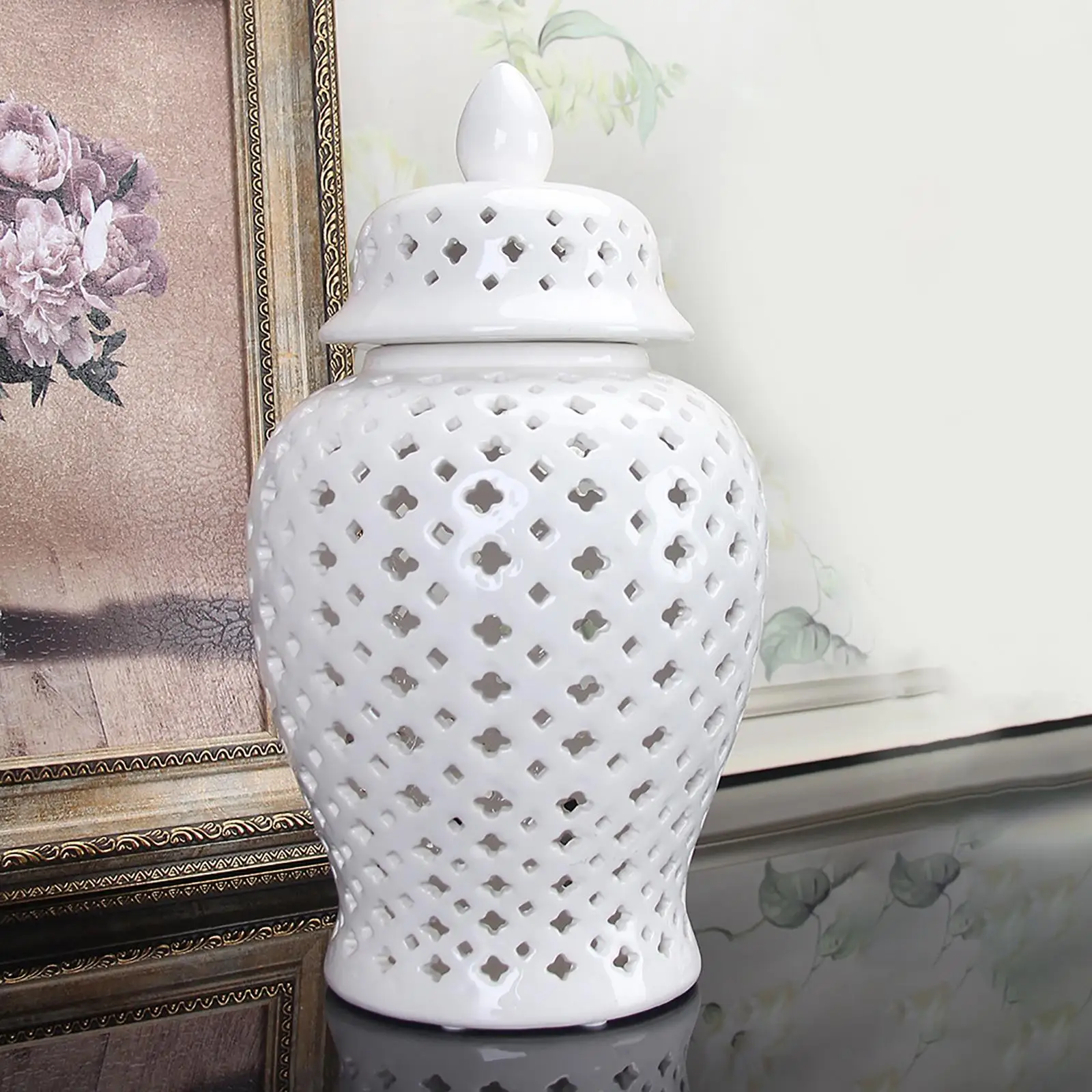 Ceramic Ginger Jar with Lid Light Luxury Collectable Handicraft Pierced Lantern Oriental for Display Decoration Gift Ornament