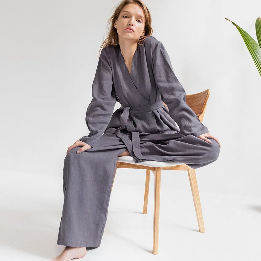 100% Cotton Women Pajama Robe Sets  Lace Up Long Sleeve Nightgown Set Woman 2 Pieces Sets  Casual Trouser Sleepwear  Suits sexy pajama sets