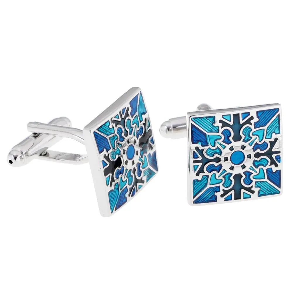 Blue Grid Square Wedding Mens Silver Tone Cufflinks Square Cuff Link Buttons