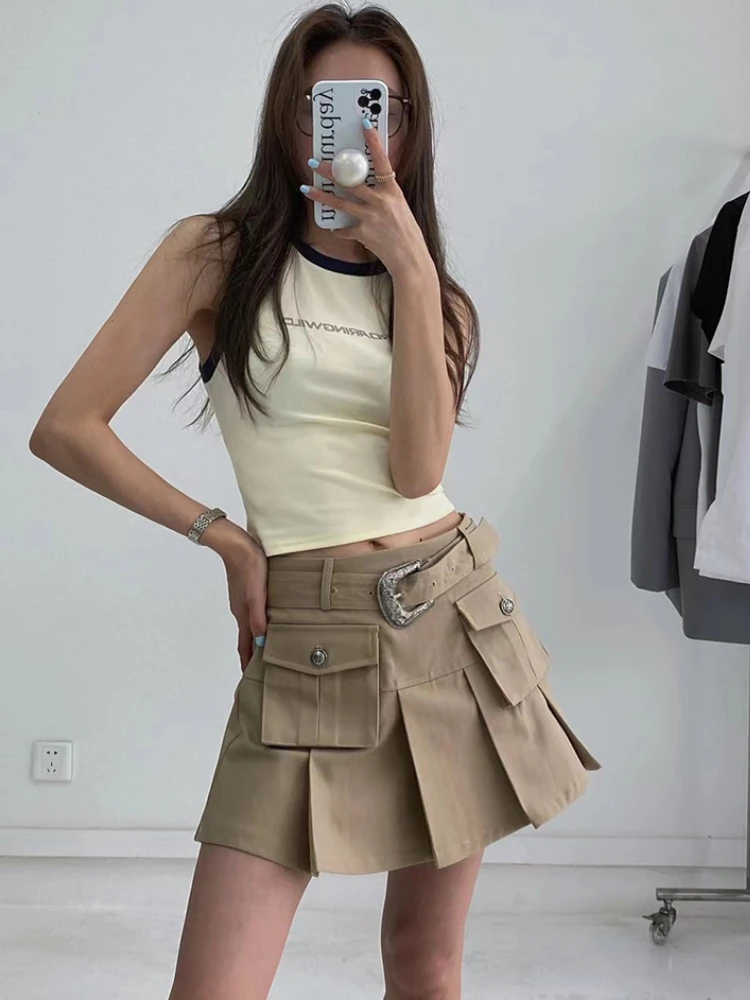 Safari Mini Skirt with Belt  Women’s Pleated Sexy Popular Pockets Design Summer All-match womens plus size Harajuku Hipster Personality Streetwear Denim skirts for Woman in Khaki