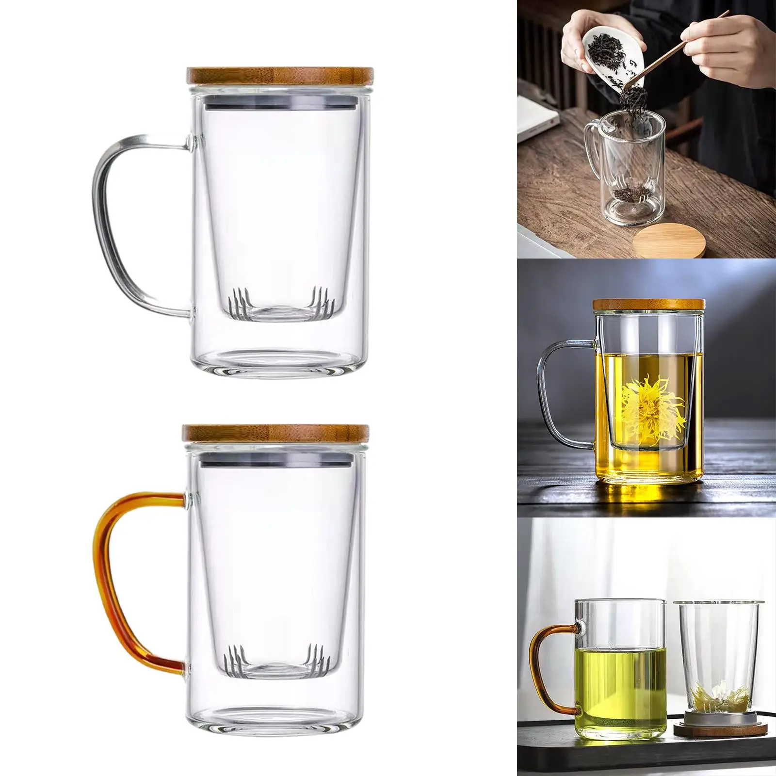 Glass Tea Infuser Double Wall with Strainer and Lid Clear Drinking Cup 400ml Filtration Teacups for Hot and Cold Blooming Tea