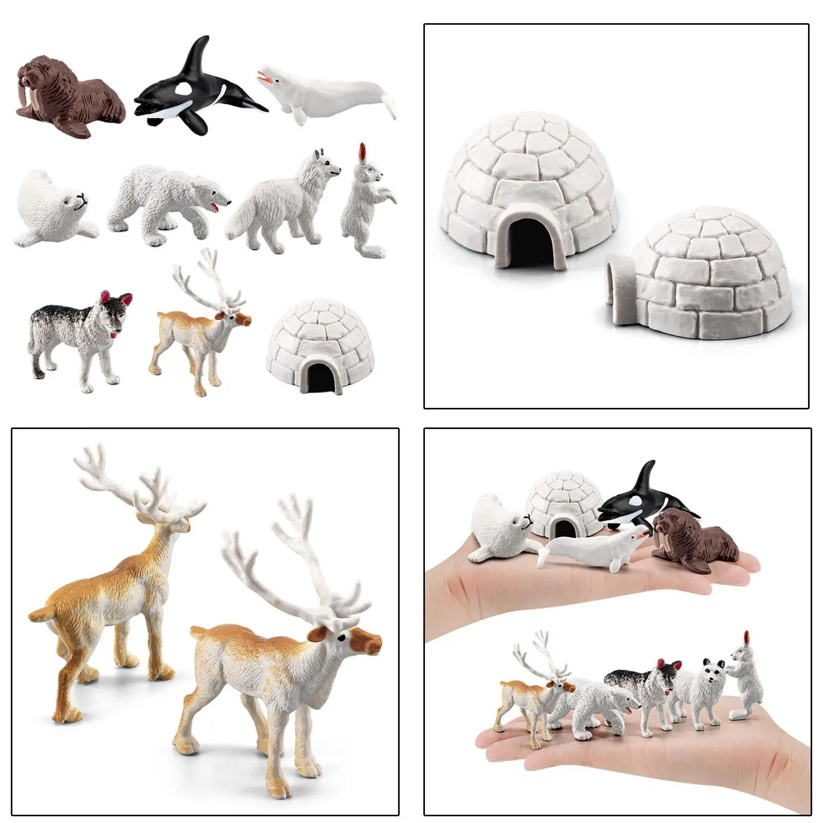 10 PCS Arctic Circle Sea Animals Figurines, Resin Arctic Animal Figure Set Includes Polar Bear,Caribou,Whales,Walrus,Igloo etcs