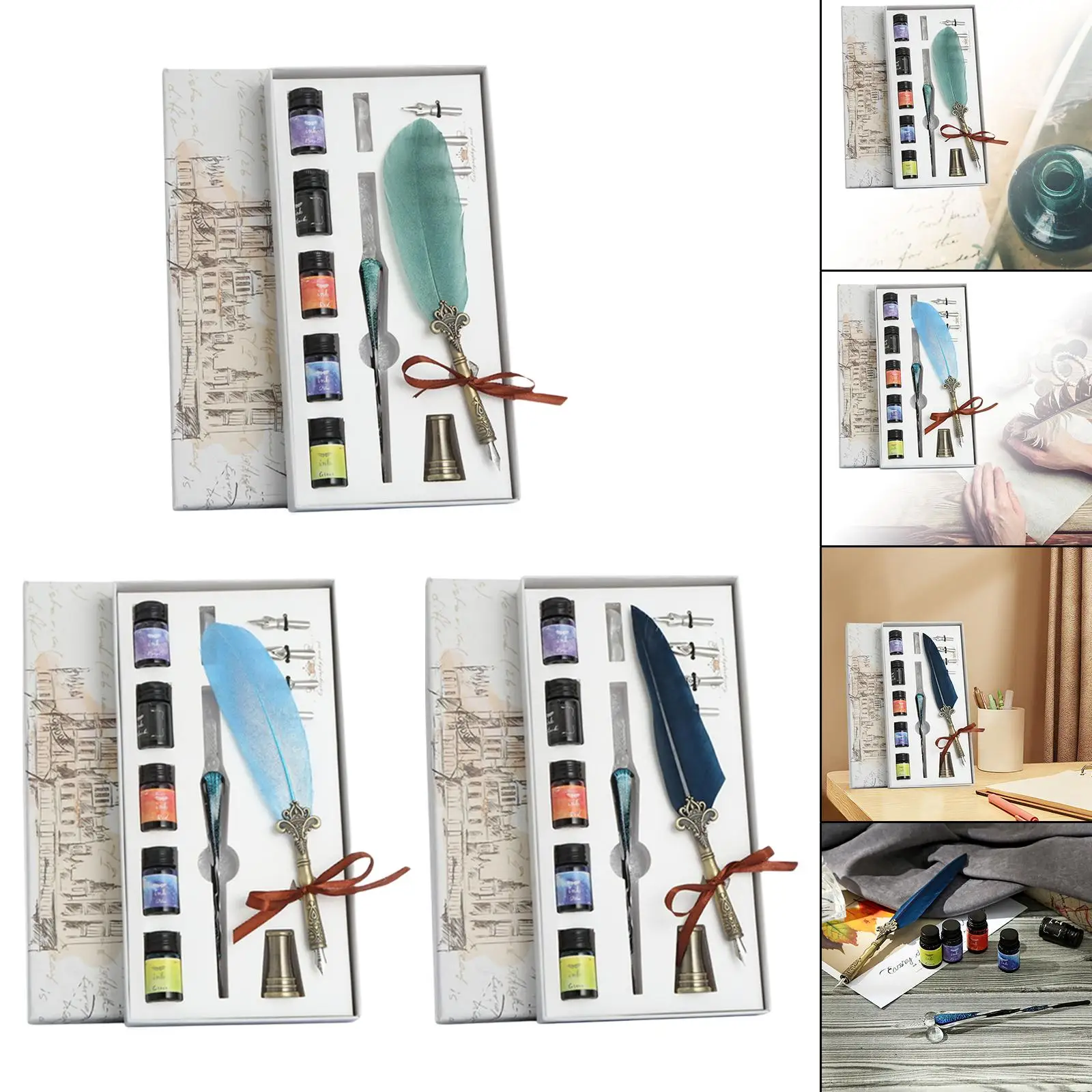  School Vintage Feather Quill Dip Calligraphy Fountain Pen Writing Ink Set Stationery Gift Box