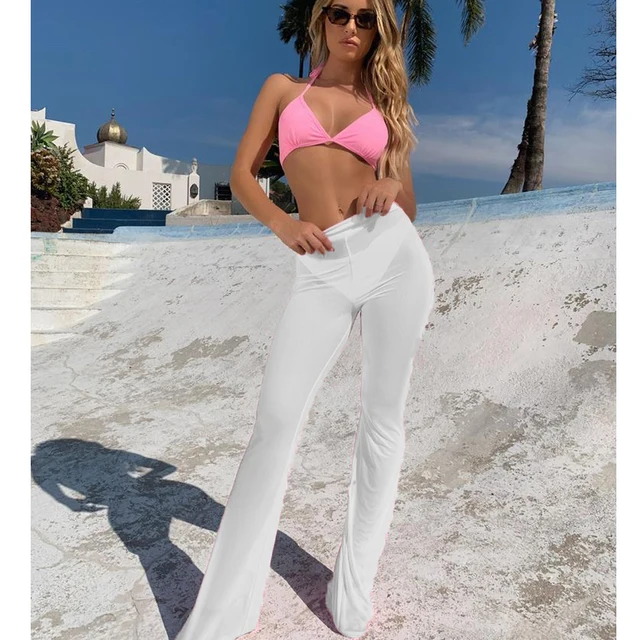 New Sexy Ruffle Women Beach Mesh Pants Sheer Leg Pants Transparent