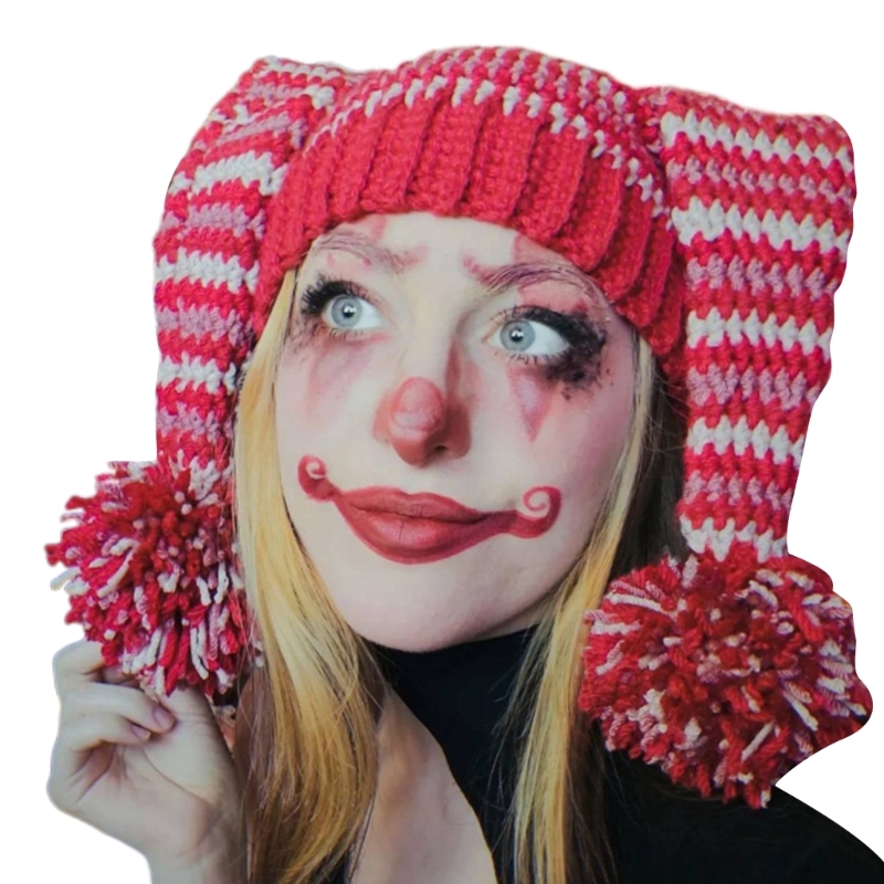 Clown-Hut, handgefertigte Kopfbedeckung für draußen, gestrickt, gestreift, Garn, große Strickohren, Wintermütze, Rot – Detail 4