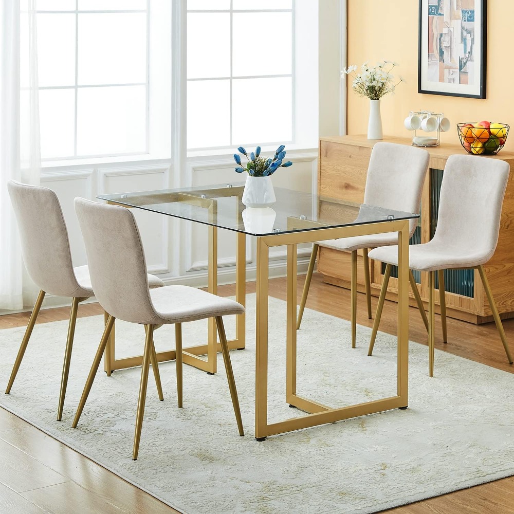 Dining Chair Set of 4, Pre-assembled Chair Set with Gold Leg Upholstery, Modern Fabric for Dining Room, Kitchen, Beige