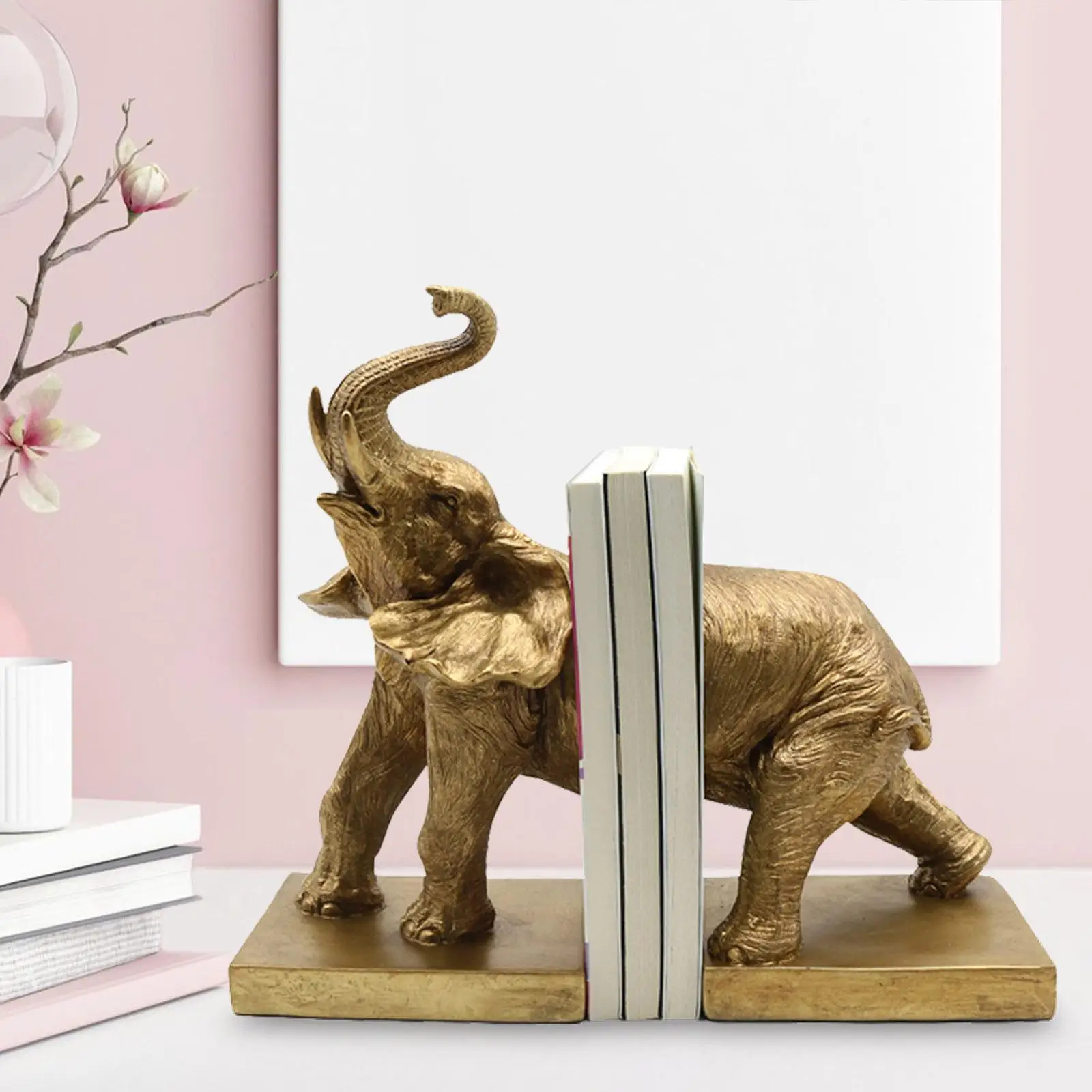 Elephant Statue Bookend Freestanding Art Bookend Resin Book Stand Holder for Bedroom Wine Cabinet Living Room Tabletop Bookcase
