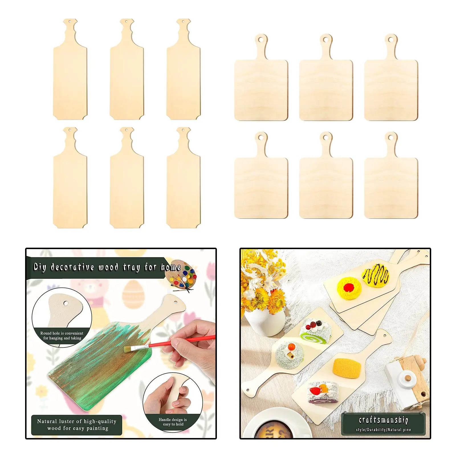 6 Pieces Natural Wooden Cutting Board Unfinished Wood Boards with Handle for