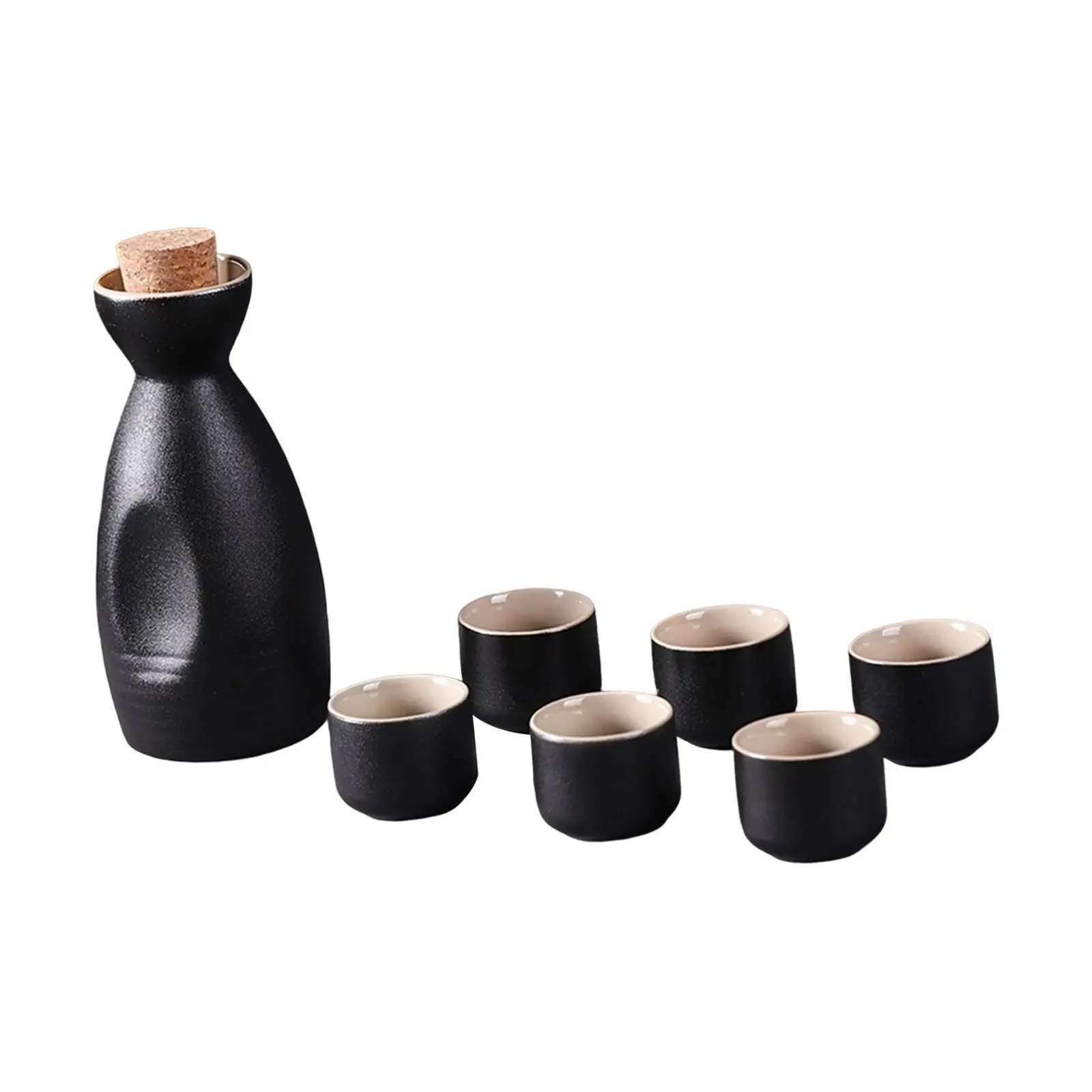 Vintage Ceramic Sake Pot Cups Set Traditional Groove Design Japanese Style for Home