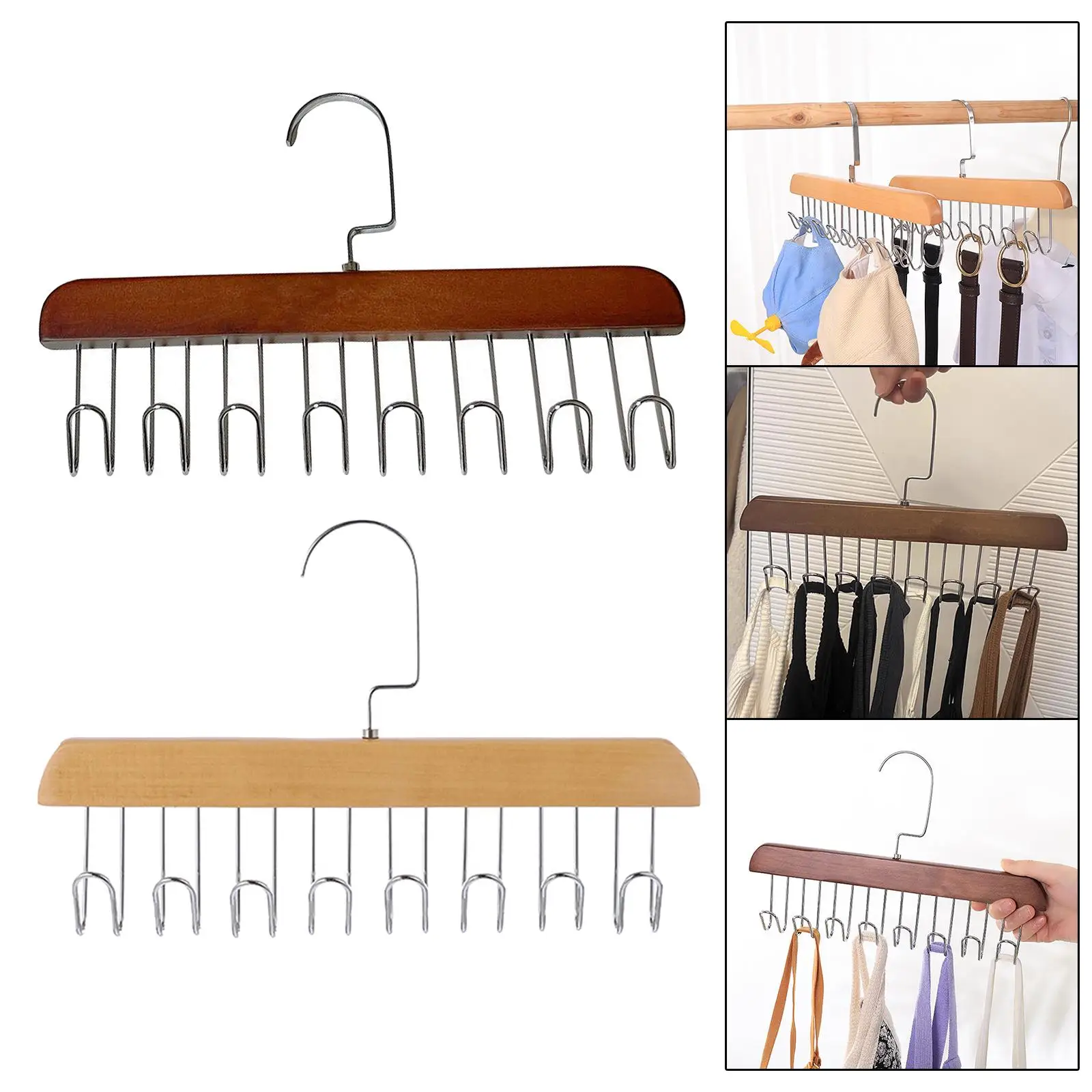 Wooden Tie Hanger Durable Space Saving with 8 Hooks Wardrobe Tie Holder Hanging Organizer for Bags Tank Tops Hats Scarves Belts