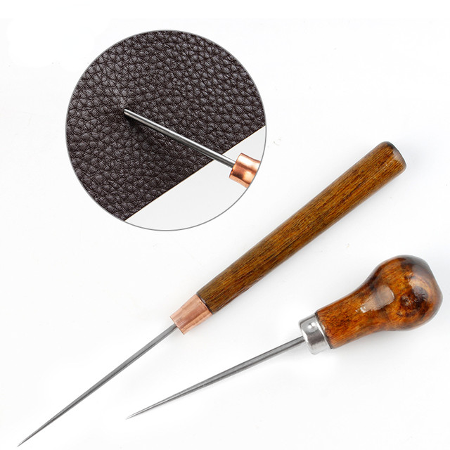 Wooden Handle Gourd Shape Awl Leather Hand Sewing Perforated Steel