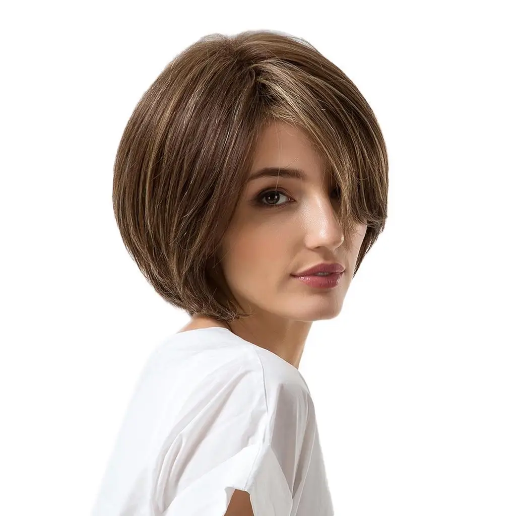 Fashion Human Hair Wig Silky Natural Short Cosplay Flat Sepia