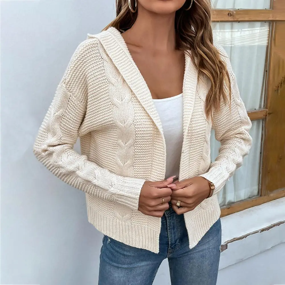 Long Sleeve Open Stitch Twist Ribbed Trim Sweater Coat Women Autumn Winter  Solid Color Hooded Loose Knitted Cardigan Outerwear| | - AliExpress