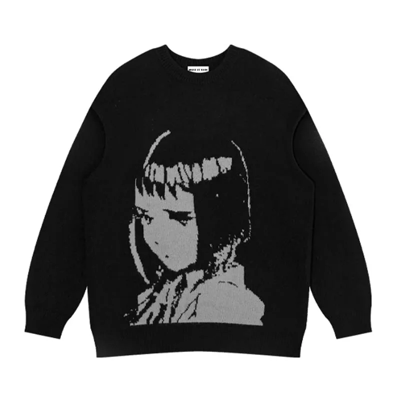 Anime Knitted Sweater Men Women Harajuku Streetwear Cartoon Girl Printed Pullover Spring Autumn Hip Hop Oversize Jumpers Unisex thom browne sweater