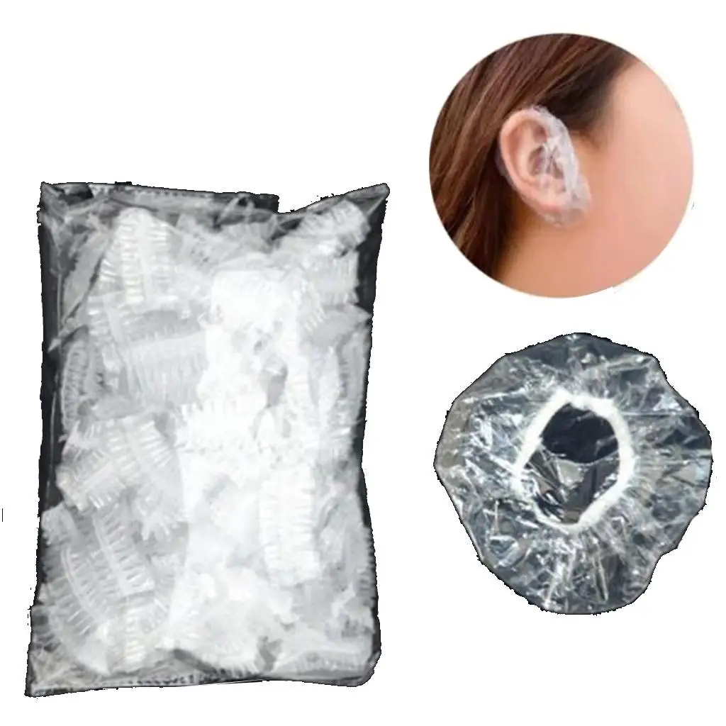100PCS  Disposable Elastic Clear Shower Water Ear Covers For Hair Dye, Shower, Bathing Ear Cover Caps, Use Hotel and Salon