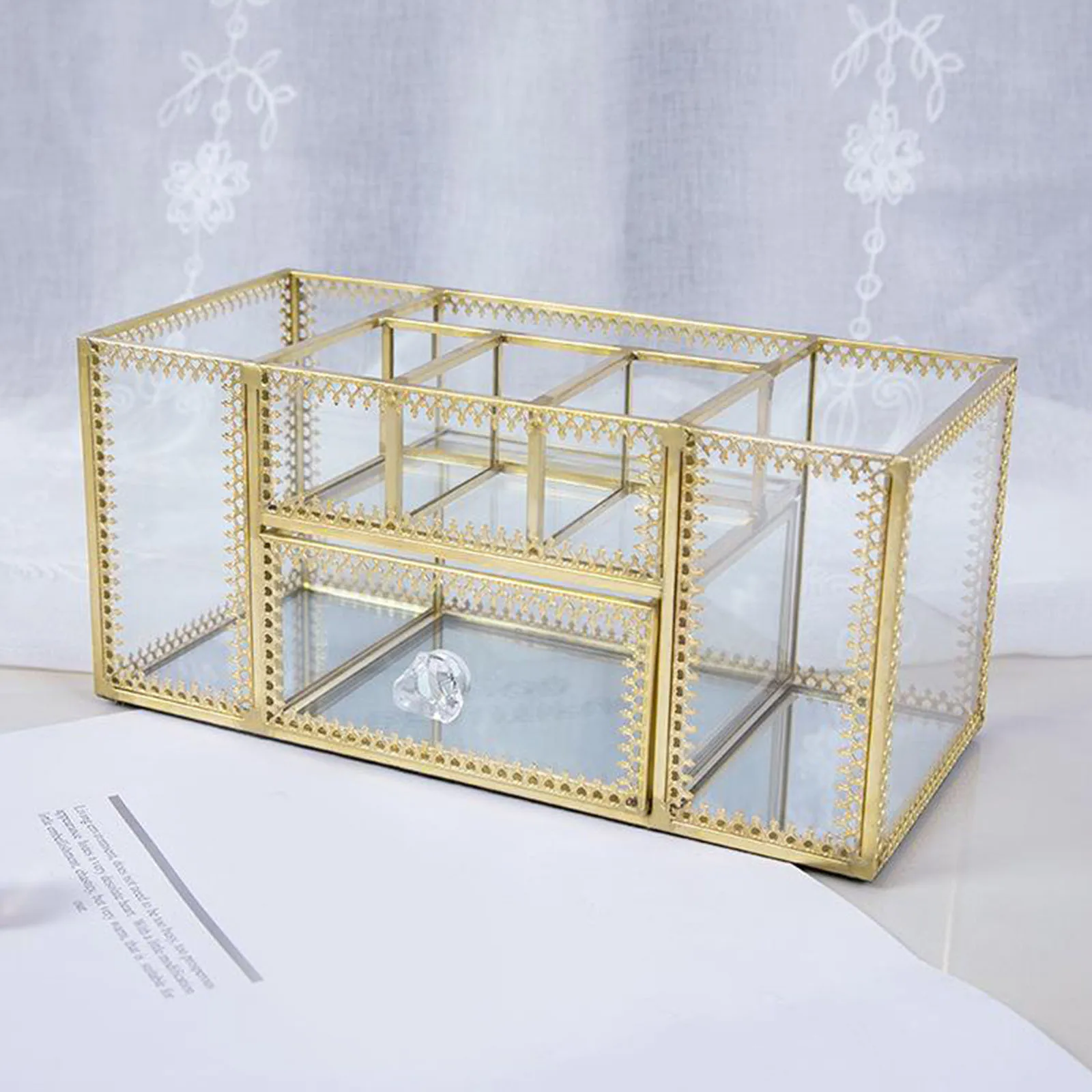 Gold Glass Makeup Cosmetic Brushes Holder Organizer Jewelry Storage Box Case