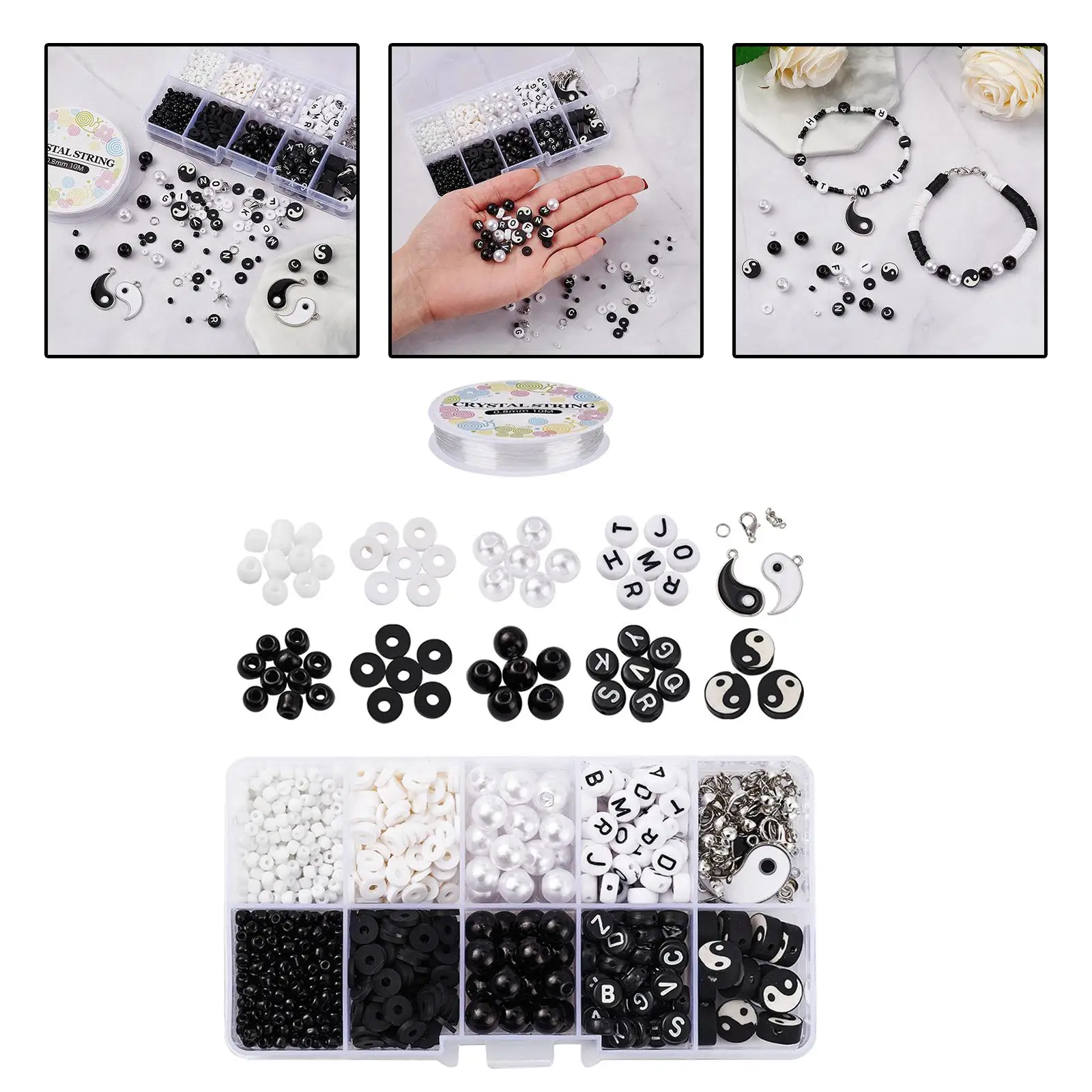 Yin Yang Polymer Clay Bead Set Jewelry Making Handmade Black White Charms for Bracelet Chains Rings Loose Beads with Strings