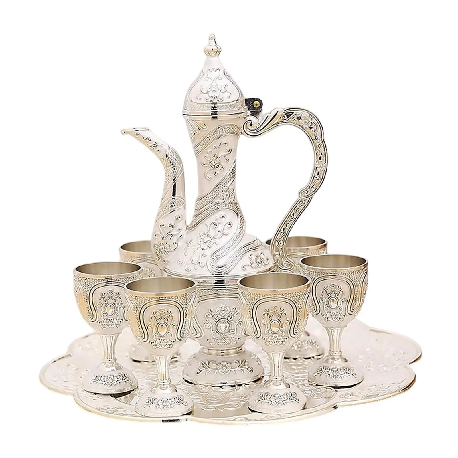 Vintage Turkish Coffee Pot Set Art Crafts Tea Sets with 6 Coffee Cups Crafts Tea Tray Teapot for Ornaments