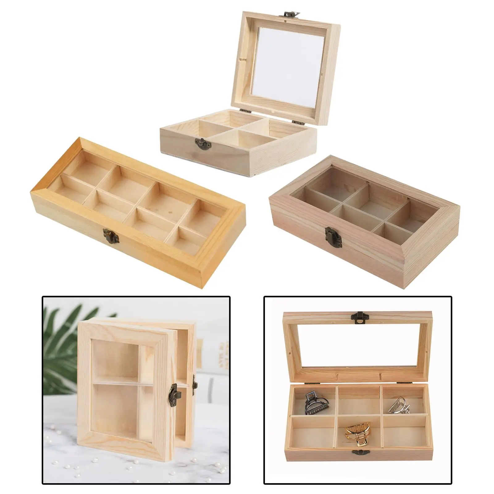 Wooden Tea Box 4/6/8 Section Clear Lid Compartment Container Bag Chest