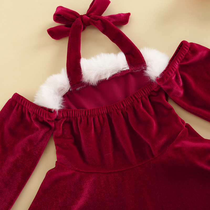 FOCUSNORM 1-5Y Kinder Mädchen Weihnachten Samt Kleid Langarm Off Schulter Schnürung Neckholder Backless Urlaub Kleid – Detail 5